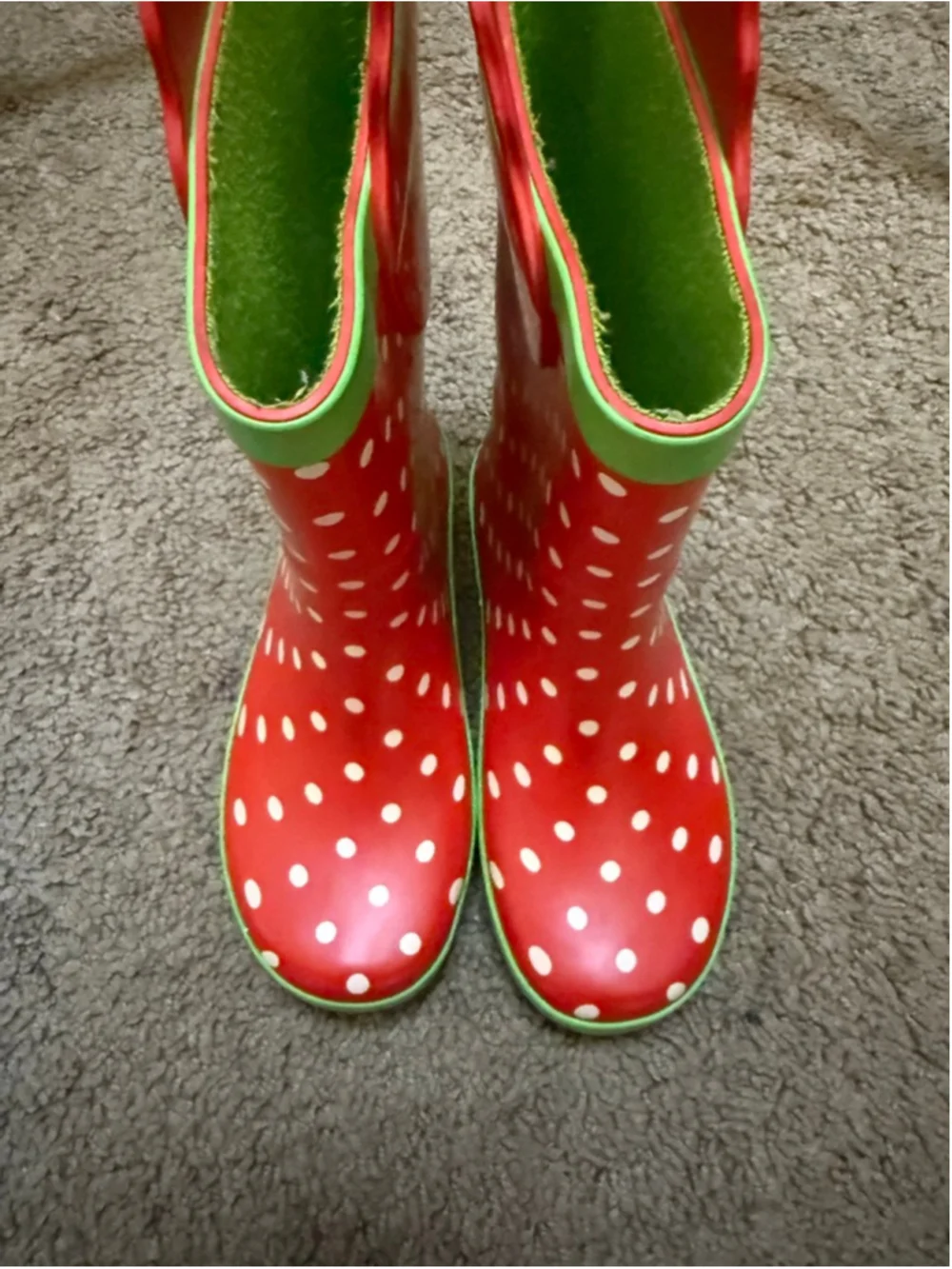Girls Red & Green Strawberry Polka Dot Rain Boots Size 11